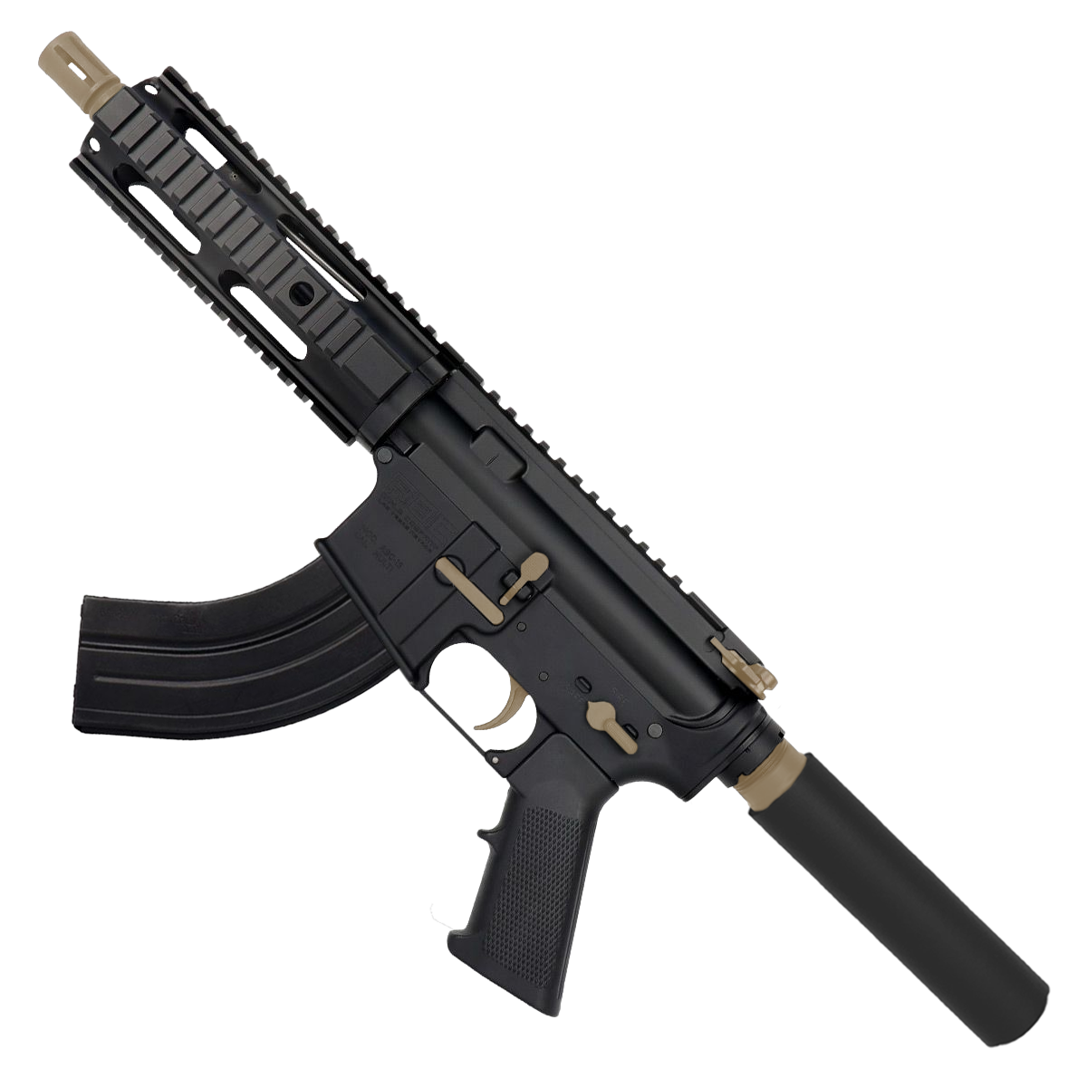 AR 7.62x39 Two-Tone Semi Auto Tactical Pistol 7.5" Barrel 7" Free Float Quad Rail - Black and Magpul FDE