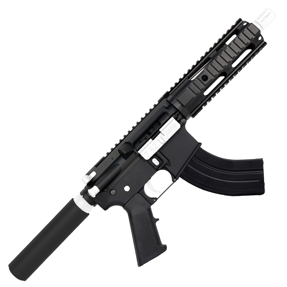 AR 7.62x39 Two-Tone Semi Auto Tactical Pistol 7.5" Barrel 7" Free Float Quad Rail - Black and White