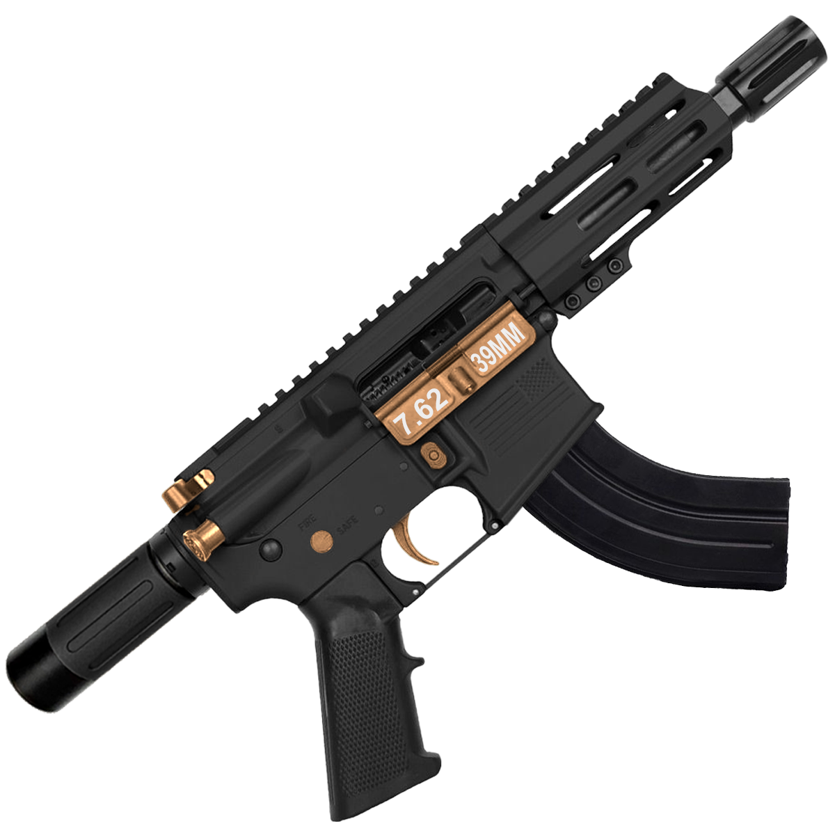 AR15 Two-Tone Micro 7.62x39 Pistol 5" Barrel 4" M-Lok Handguard w/ Micro Buffer Tube - Black and Burnt Bronze