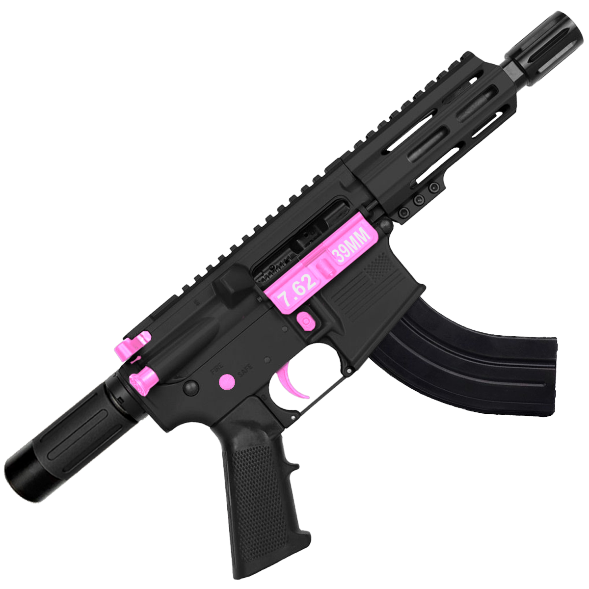 AR15 Two-Tone Micro 7.62x39 Pistol 5" Barrel 4" M-Lok Handguard w/ Micro Buffer Tube - Black and Sig Pink
