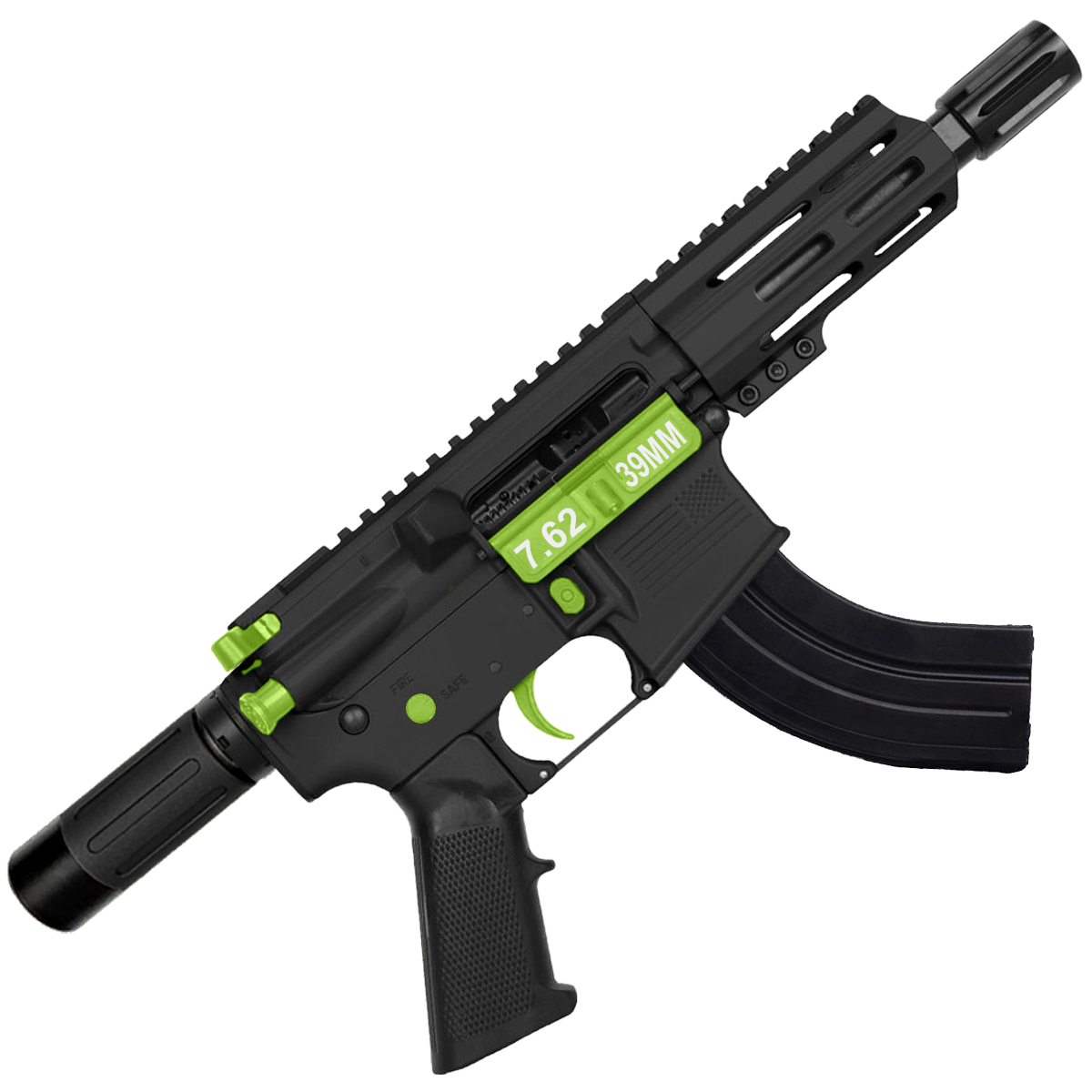 AR15 Two-Tone Micro 7.62x39 Pistol 5" Barrel 4" M-Lok Handguard w/ Micro Buffer Tube - Black and Zombie Green