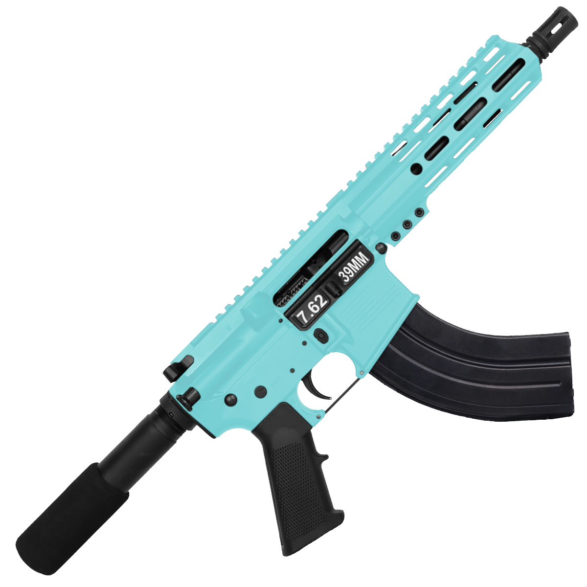 AR 7.62X39 Semi Auto Pistol 7.5" Barrel 7" Custom D-Cut Front MLOK Handguard - Robins Egg Blue