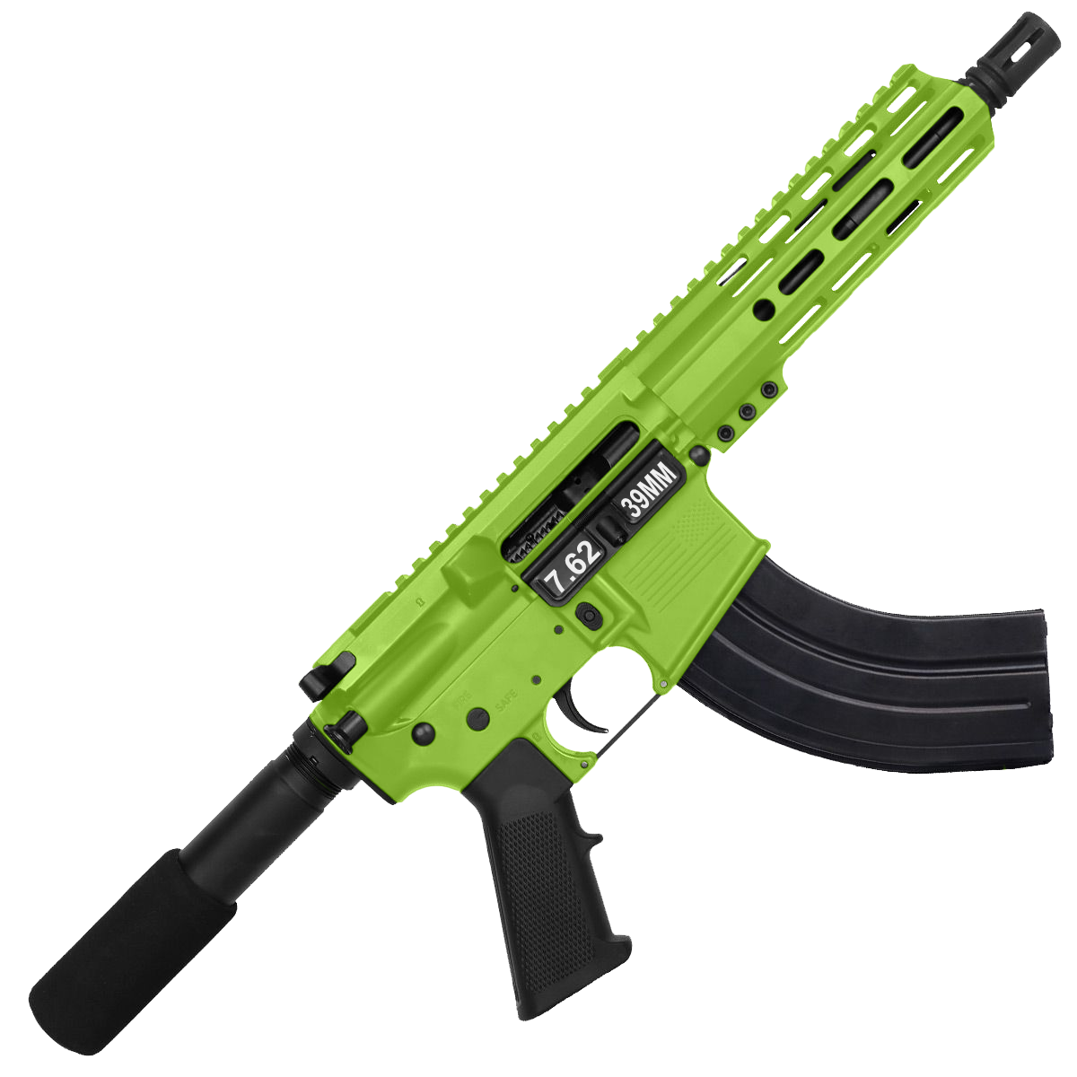 AR 7.62X39 Semi Auto Pistol 7.5" Barrel 7" Custom D-Cut Front MLOK Handguard Zombie Green