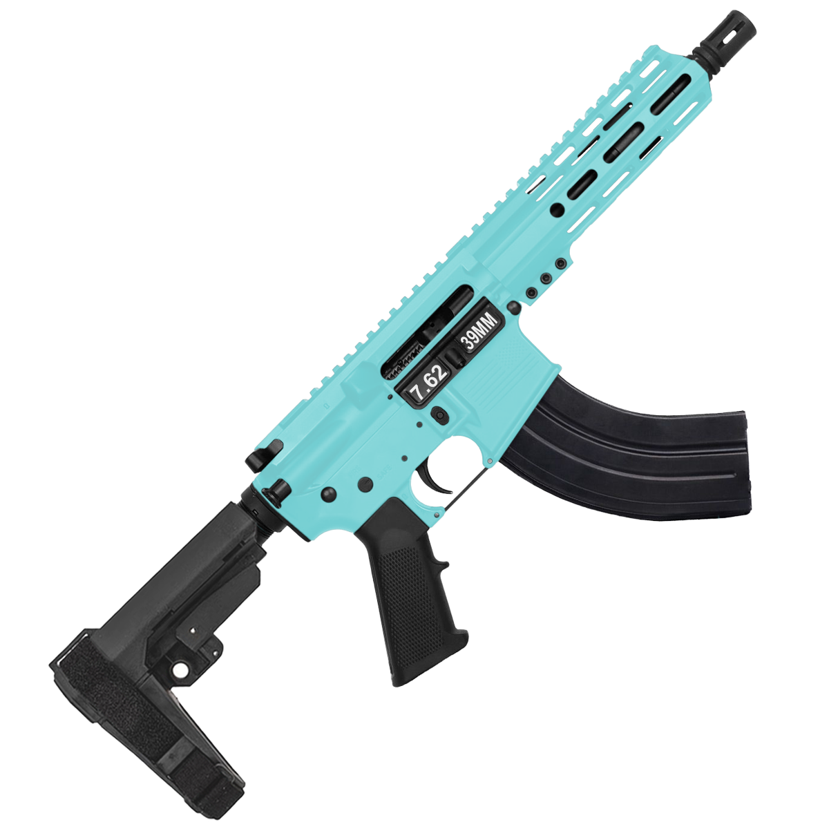 AR 7.62X39 Semi Auto Pistol 7.5" Barrel 7" Custom D-Cut Front MLOK Handguard - Robins Egg Blue