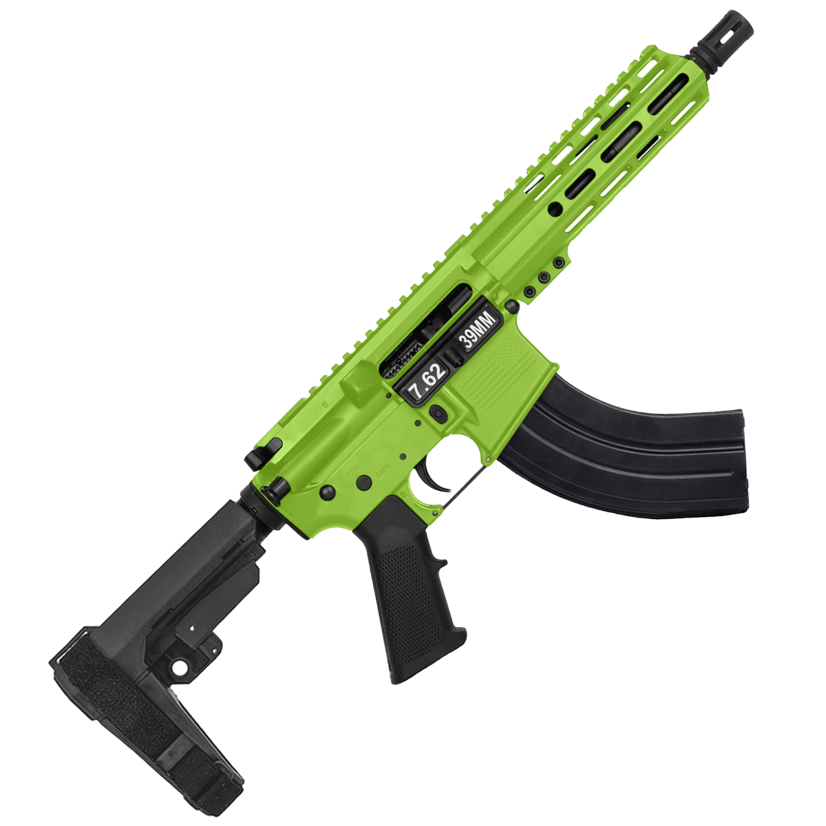 AR 7.62X39 Semi Auto Pistol 7.5" Barrel 7" Custom D-Cut Front MLOK Handguard Zombie Green