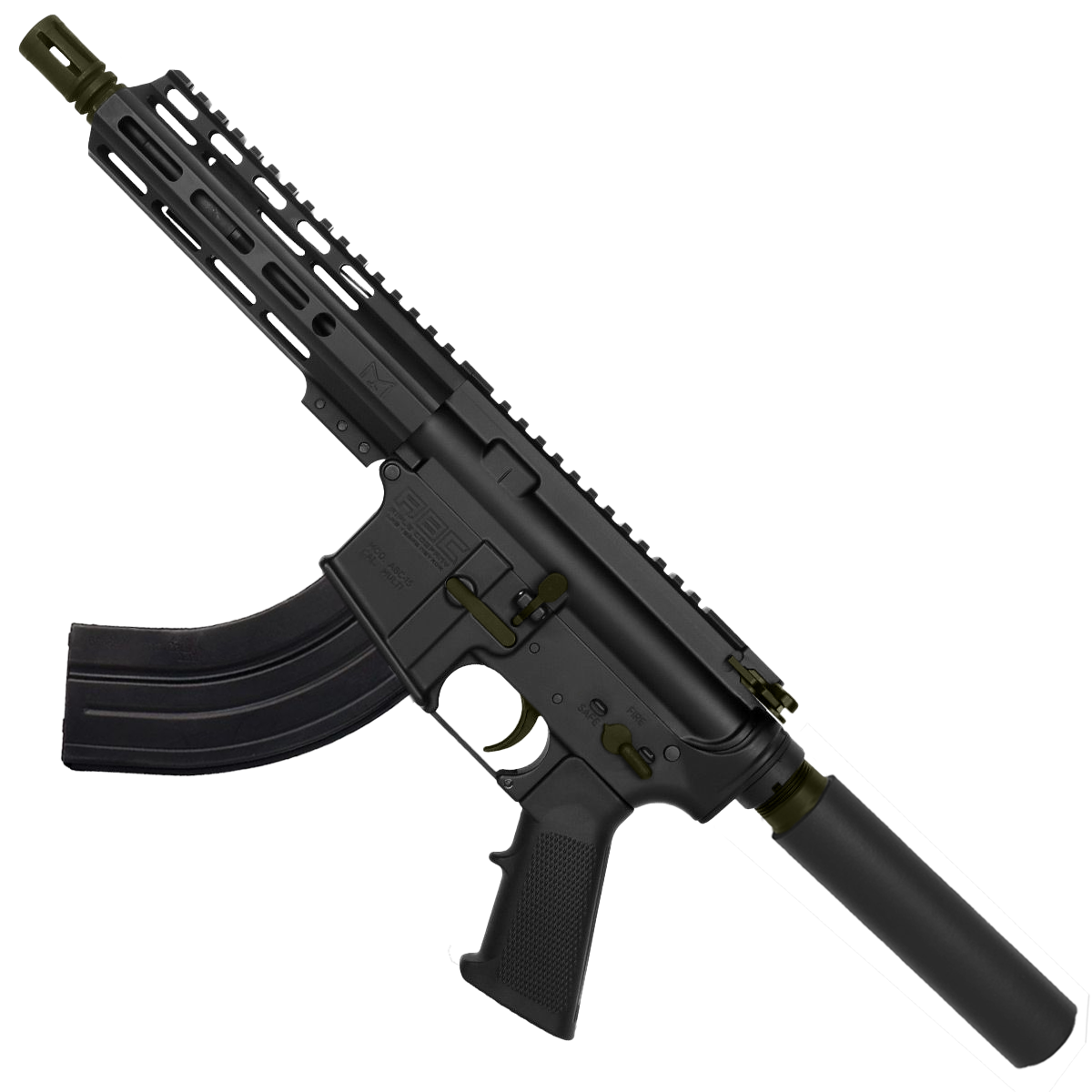 AR 7.62X39 Two-Tone Semi Auto Pistol 7.5" Barrel 7" Custom D-Cut Front MLOK Handguard - Black and Magpul ODG