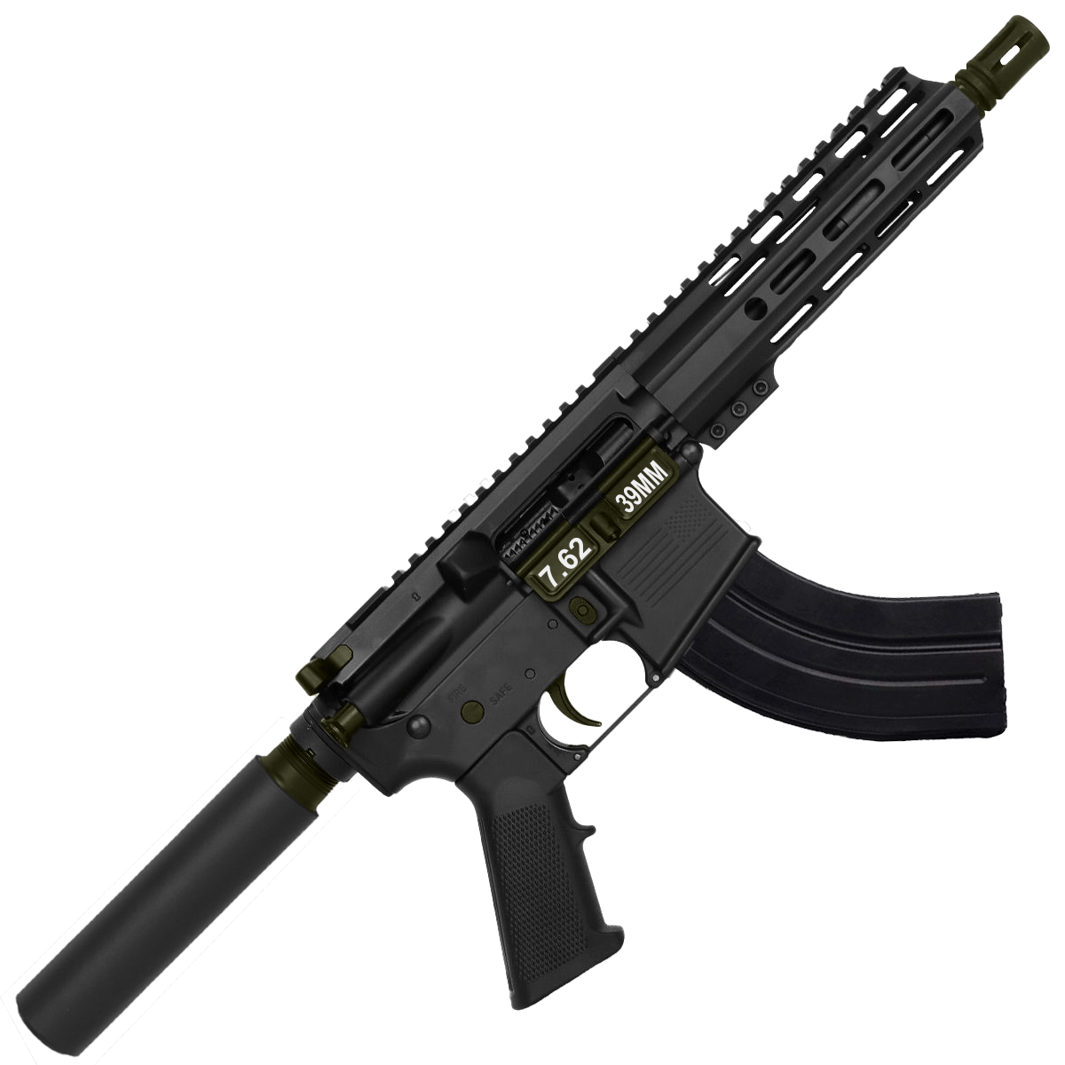 AR 7.62X39 Two-Tone Semi Auto Pistol 7.5" Barrel 7" Custom D-Cut Front MLOK Handguard - Black and Magpul ODG