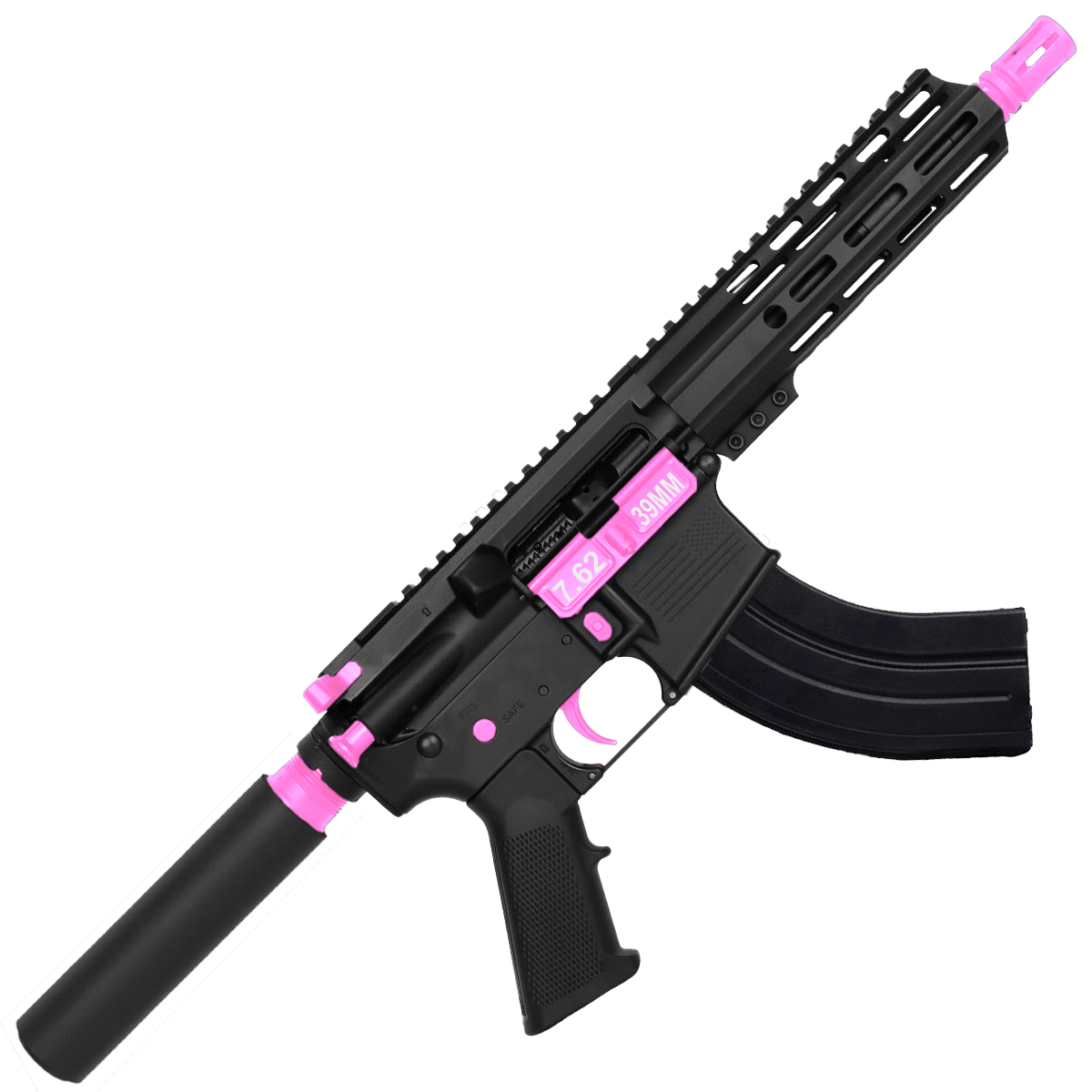 AR 7.62X39 Two-Tone Semi Auto Pistol 7.5" Barrel 7" Custom D-Cut Front MLOK Handguard - Black and Sig Pink