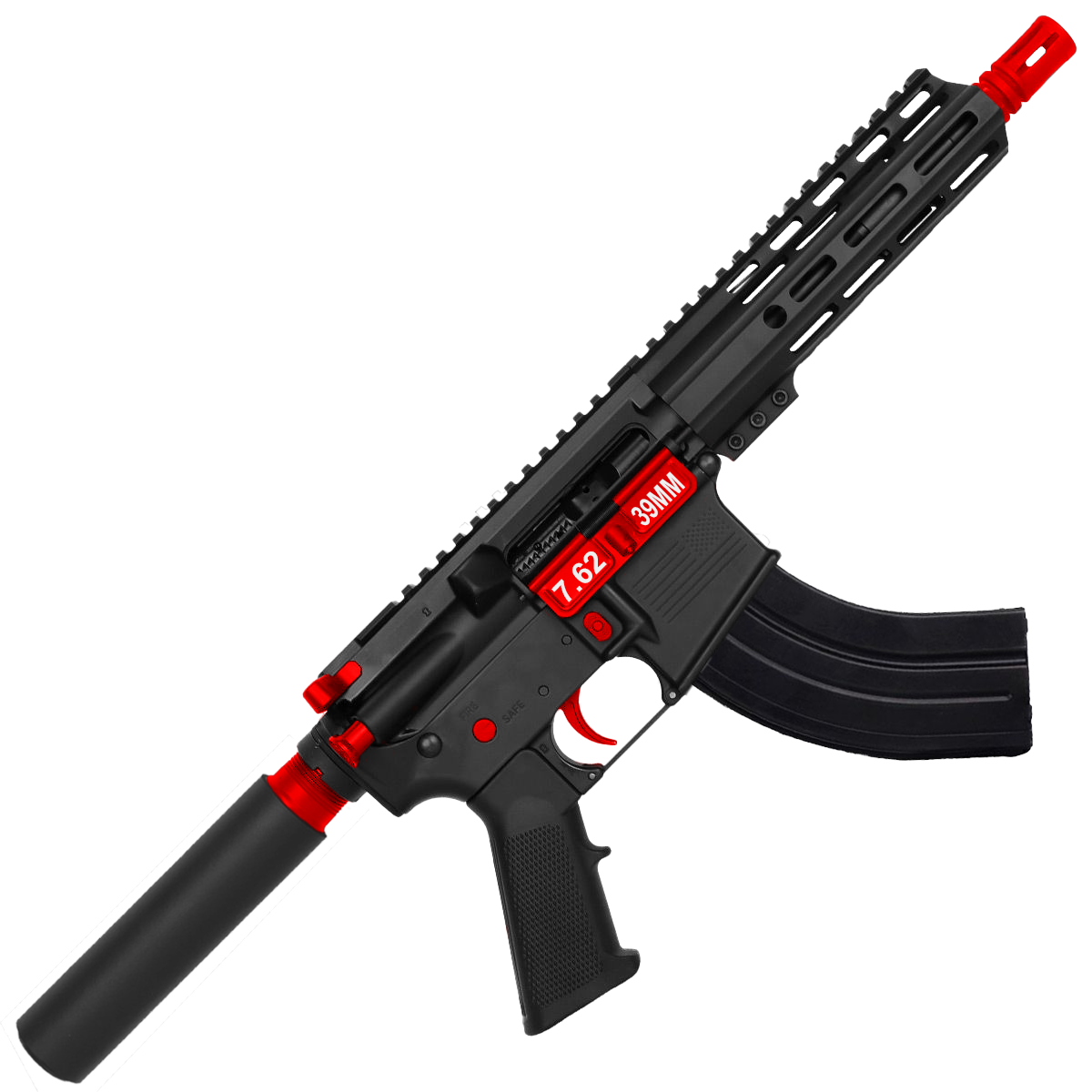 AR 7.62X39 Two-Tone Semi Auto Pistol 7.5" Barrel 7" Custom D-Cut Front MLOK Handguard - Black and Red