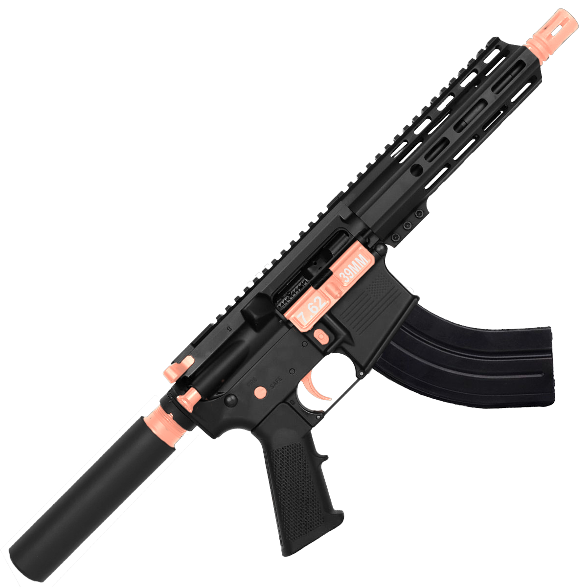 AR 7.62X39 Two-Tone Semi Auto Pistol 7.5" Barrel 7" Custom D-Cut Front MLOK Handguard - Black and Rose Gold