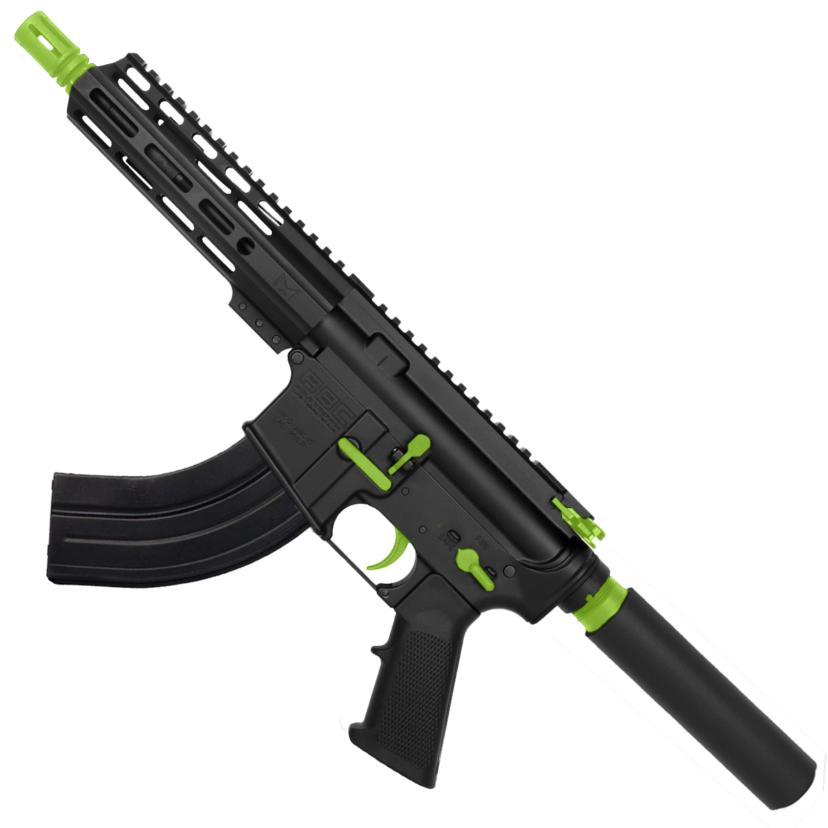 AR 7.62X39 Two-Tone Semi Auto Pistol 7.5" Barrel 7" Custom D-Cut Front MLOK Handguard - Black and Zombie Green