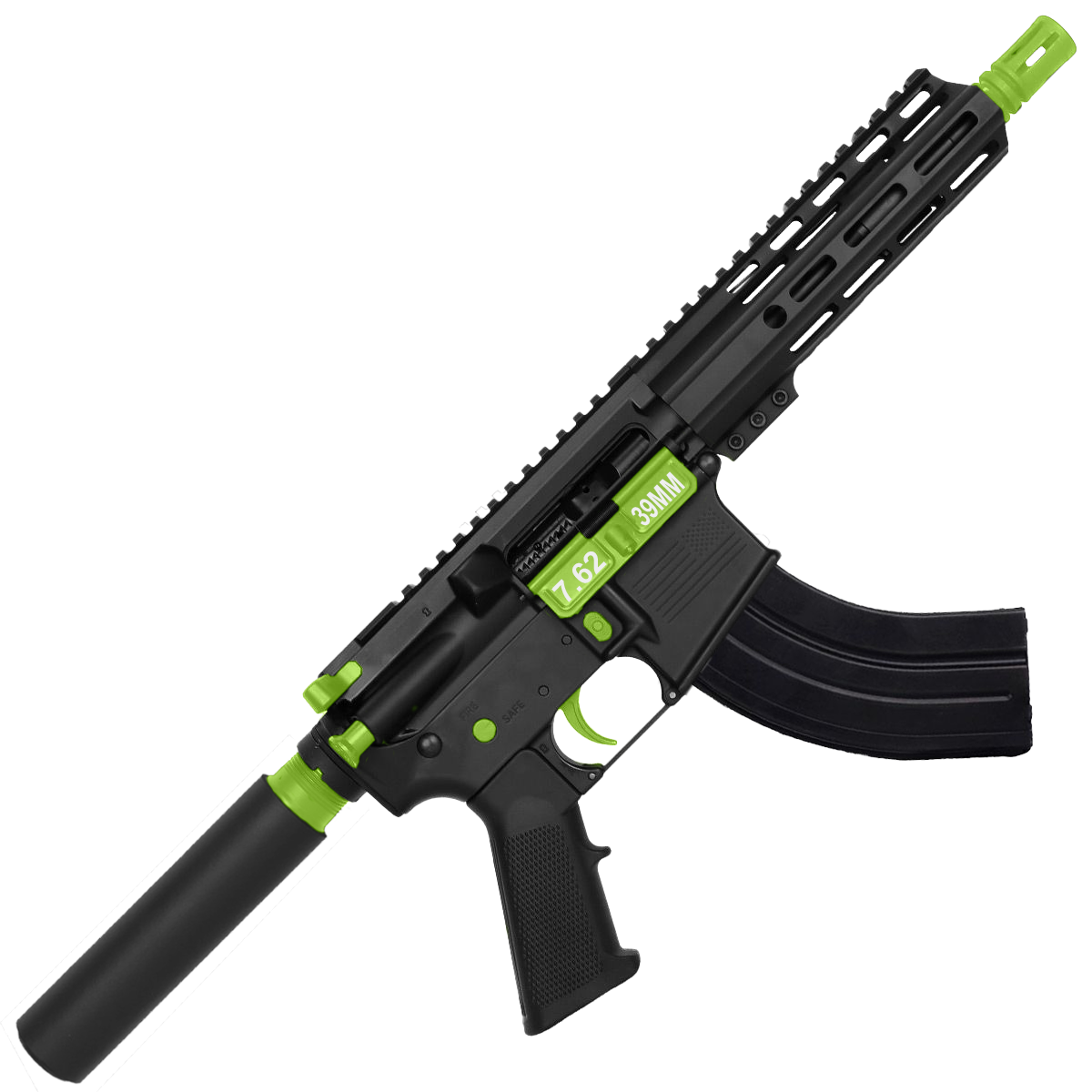 AR 7.62X39 Two-Tone Semi Auto Pistol 7.5" Barrel 7" Custom D-Cut Front MLOK Handguard - Black and Zombie Green