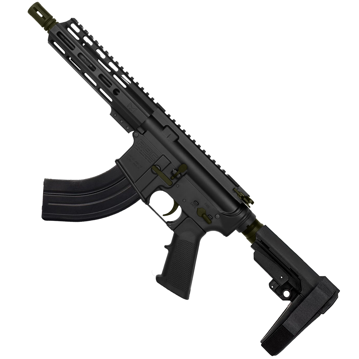 AR 7.62X39 Two-Tone Semi Auto Pistol 7.5" Barrel 7" Custom D-Cut Front MLOK Handguard - Black and Magpul ODG