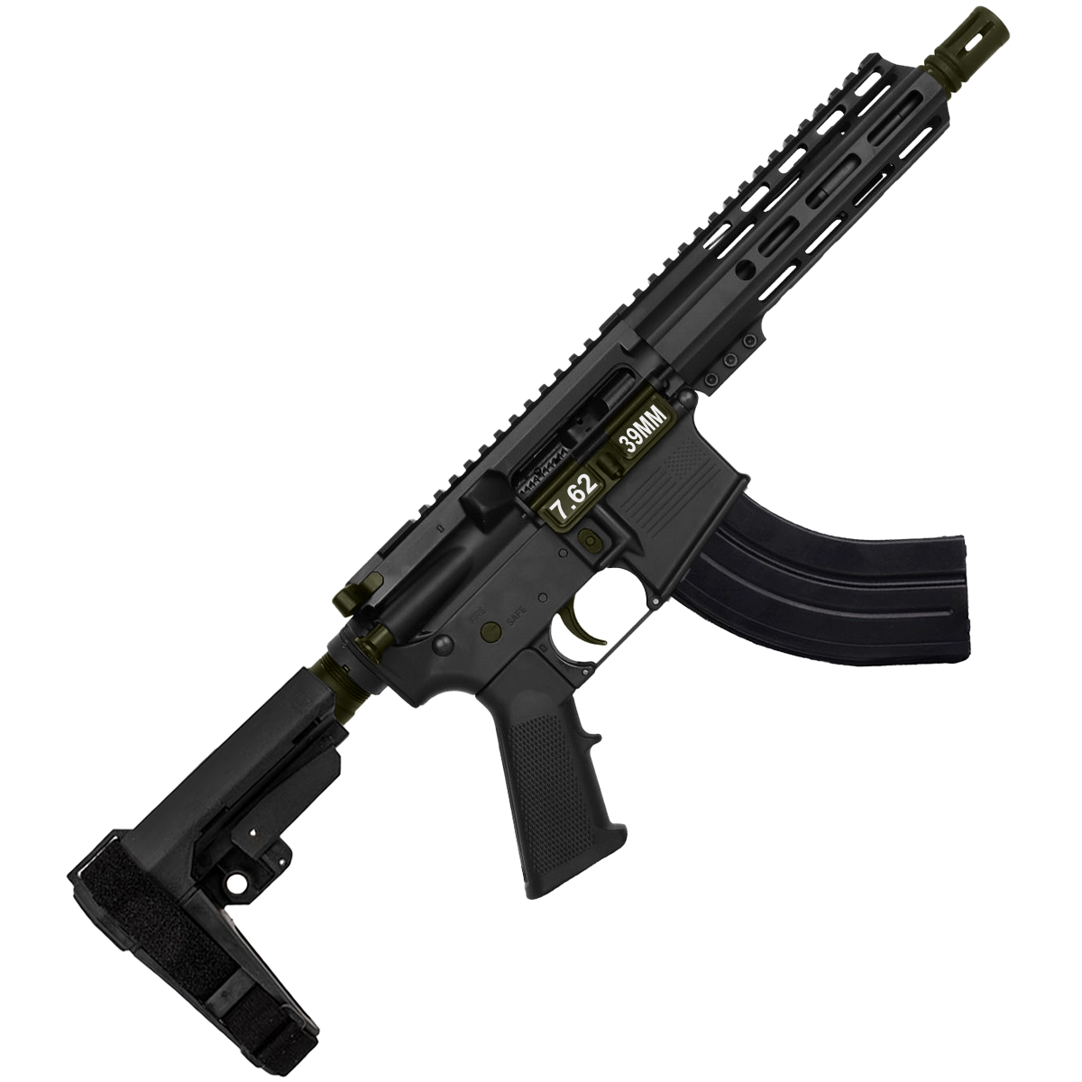 AR 7.62X39 Two-Tone Semi Auto Pistol 7.5" Barrel 7" Custom D-Cut Front MLOK Handguard - Black and Magpul ODG