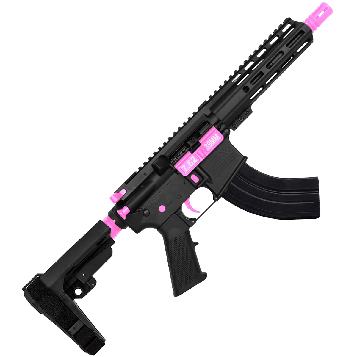 AR 7.62X39 Two-Tone Semi Auto Pistol 7.5" Barrel 7" Custom D-Cut Front MLOK Handguard - Black and Sig Pink