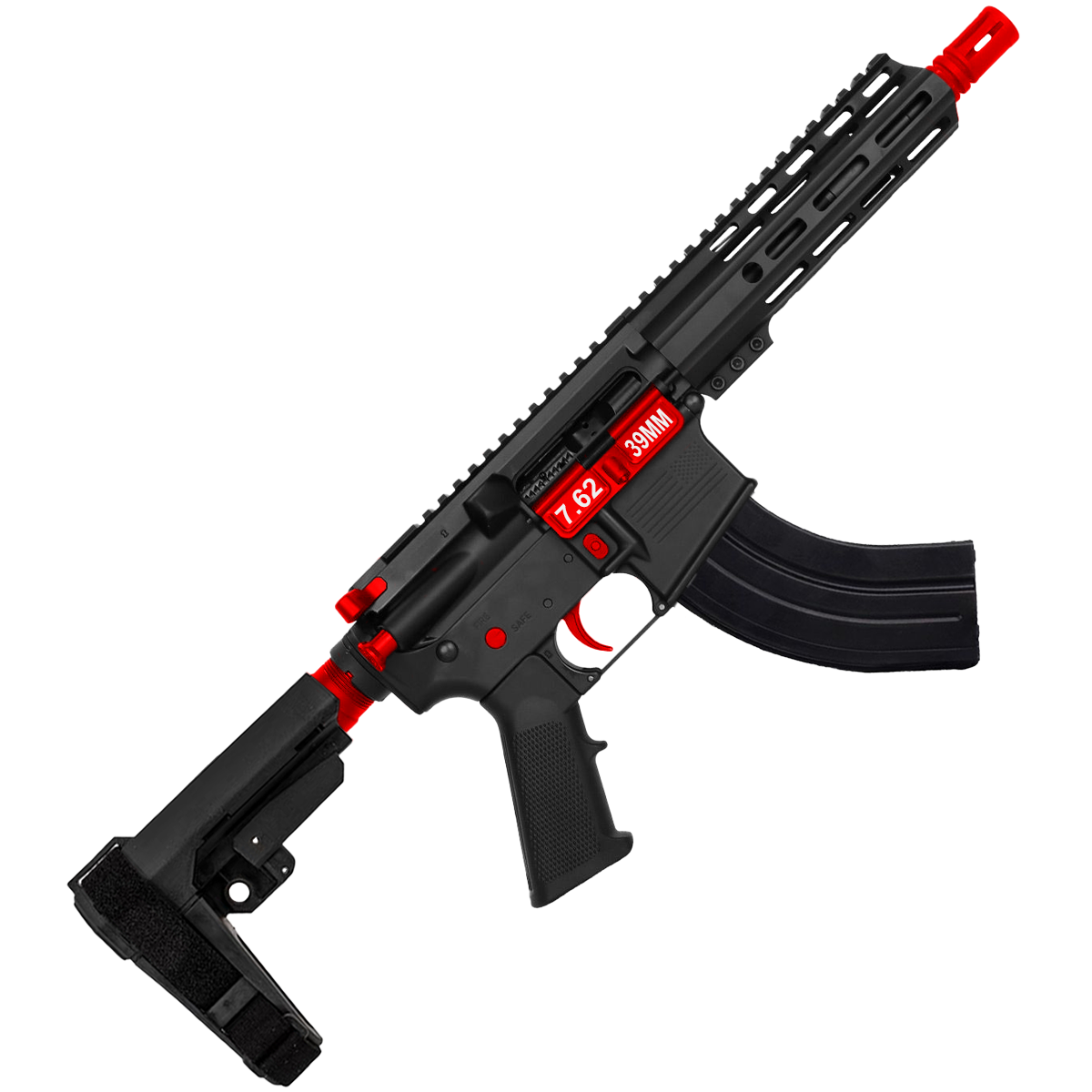 AR 7.62X39 Two-Tone Semi Auto Pistol 7.5" Barrel 7" Custom D-Cut Front MLOK Handguard - Black and Red