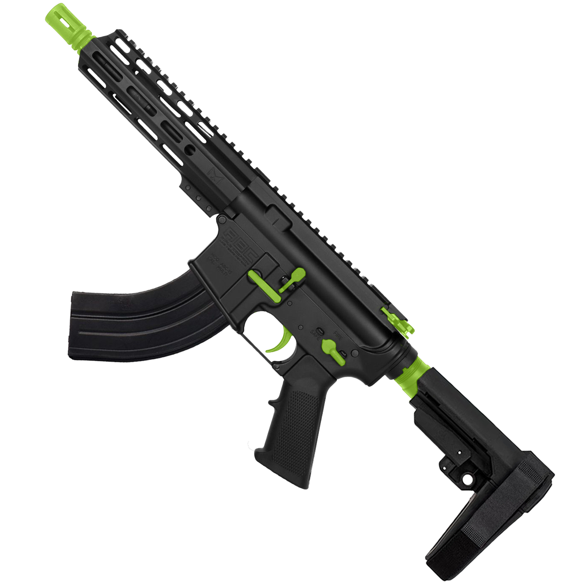 AR 7.62X39 Two-Tone Semi Auto Pistol 7.5" Barrel 7" Custom D-Cut Front MLOK Handguard - Black and Zombie Green