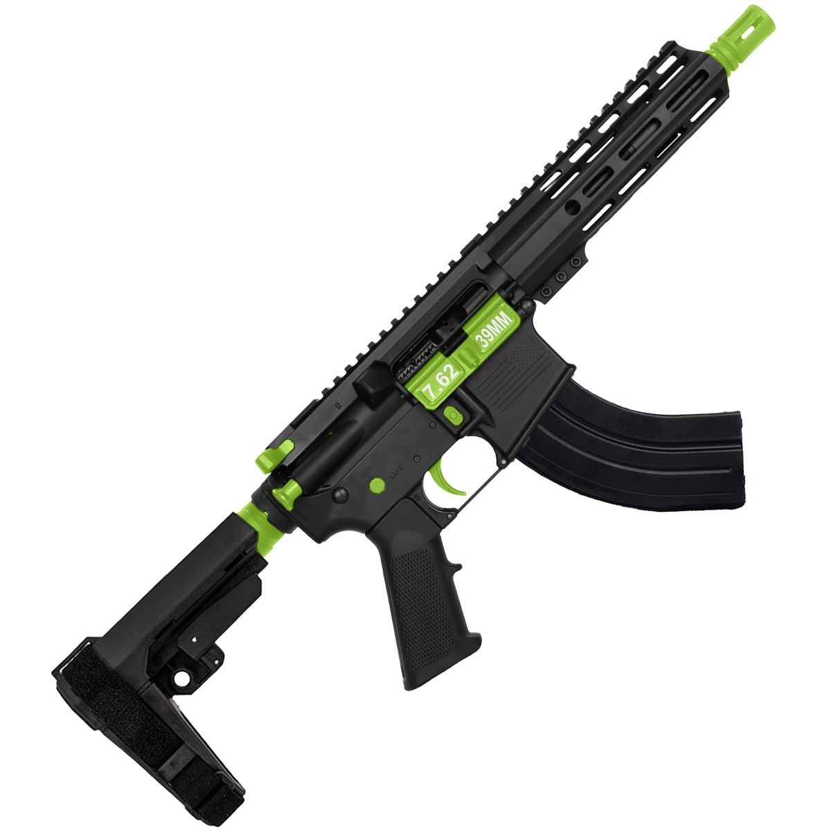 AR 7.62X39 Two-Tone Semi Auto Pistol 7.5" Barrel 7" Custom D-Cut Front MLOK Handguard - Black and Zombie Green