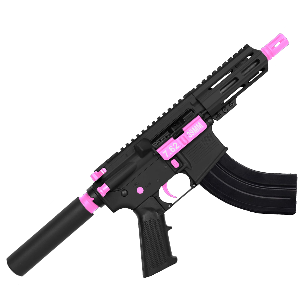 AR15 Two-Tone Micro 7.62x39mm Pistol 5" Barrel 4" M-Lok Handguard - Black and Sig Pink