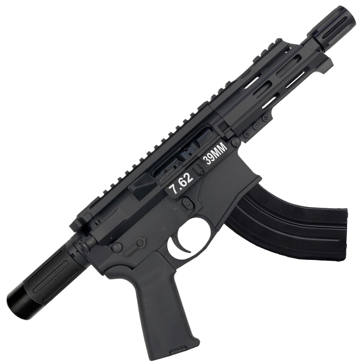 AR15 Micro 7.62x39 Pistol Billet Upper/ Lower 5" Barrel Custom M-Lok Handguard with Micro Buffer Tube - BLACK