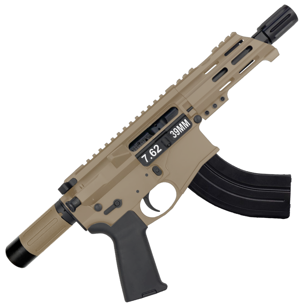 AR15 Micro 7.62x39 Pistol Billet Upper/ Lower 5" Barrel Custom M-Lok Handguard with Micro Buffer Tube - Magpul FDE