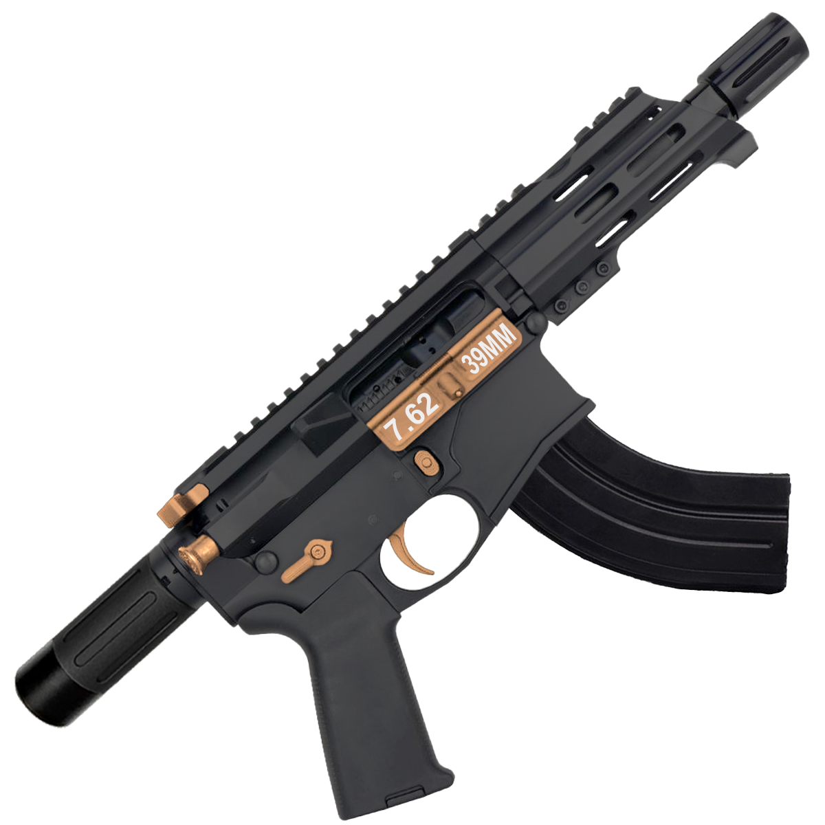 AR15 Two-Tone Micro 7.62x39 Pistol Billet Upper/ Lower 5" Barrel Custom M-Lok Handguard with Micro Buffer Tube - Black and Burnt Bronze
