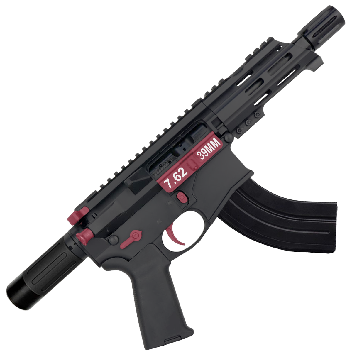 AR15 Two-Tone Micro 7.62x39 Pistol Billet Upper/ Lower 5" Barrel Custom M-Lok Handguard with Micro Buffer Tube - Black and Cranberry Frost