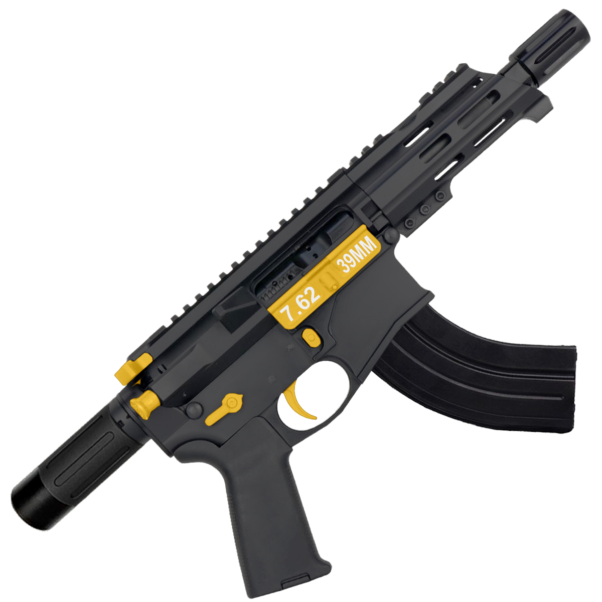 AR15 Two-Tone Micro 7.62x39 Pistol Billet Upper/ Lower 5" Barrel Custom M-Lok Handguard with Micro Buffer Tube - Black and Gold
