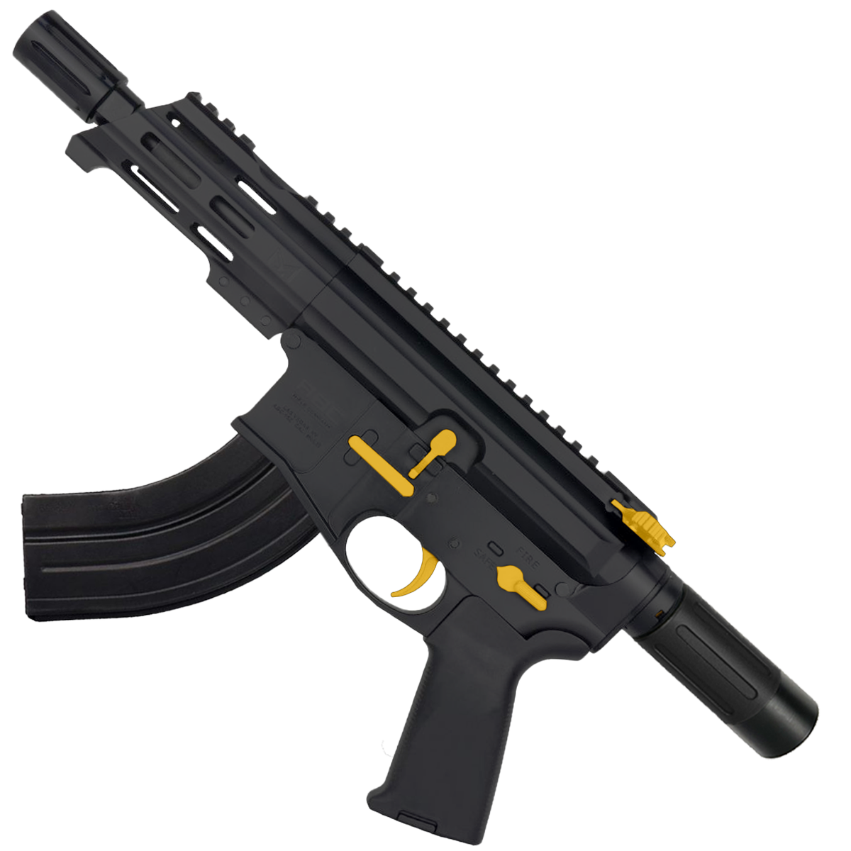 AR15 Two-Tone Micro 7.62x39 Pistol Billet Upper/ Lower 5" Barrel Custom M-Lok Handguard with Micro Buffer Tube - Black and Gold