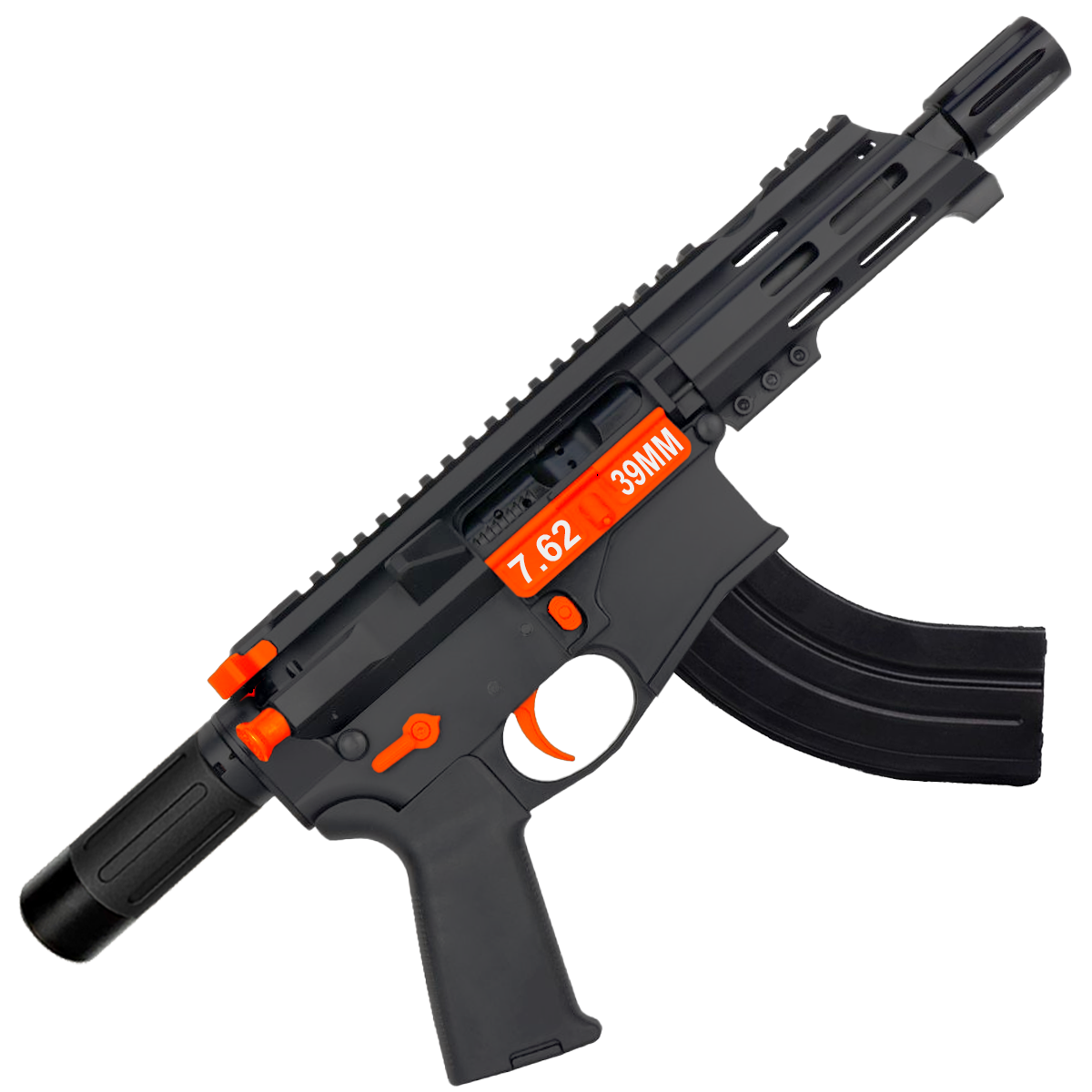 AR15 Two-Tone Micro 7.62x39 Pistol Billet Upper/ Lower 5" Barrel Custom M-Lok Handguard with Micro Buffer Tube - Black and Hunter Orange