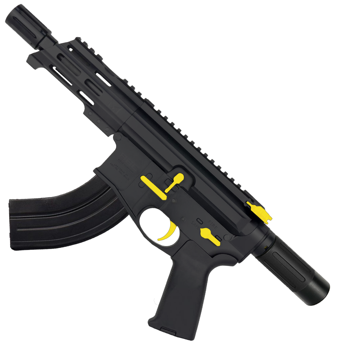 AR15 Two-Tone Micro 7.62x39 Pistol Billet Upper/ Lower 5" Barrel Custom M-Lok Handguard with Micro Buffer Tube - Black and Lemon Zest