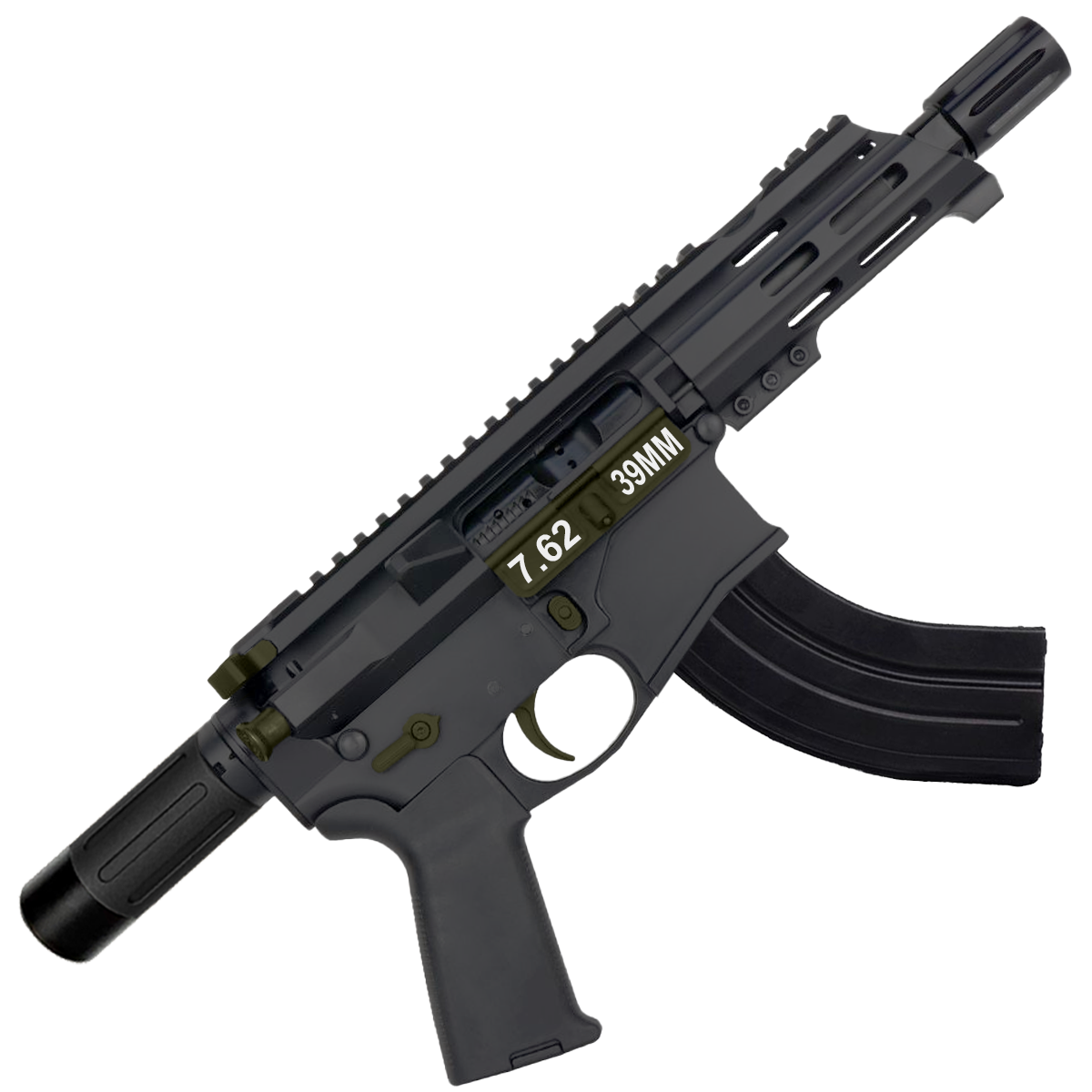 AR15 Two-Tone Micro 7.62x39 Pistol Billet Upper/ Lower 5" Barrel Custom M-Lok Handguard with Micro Buffer Tube - Black and Magpul ODG