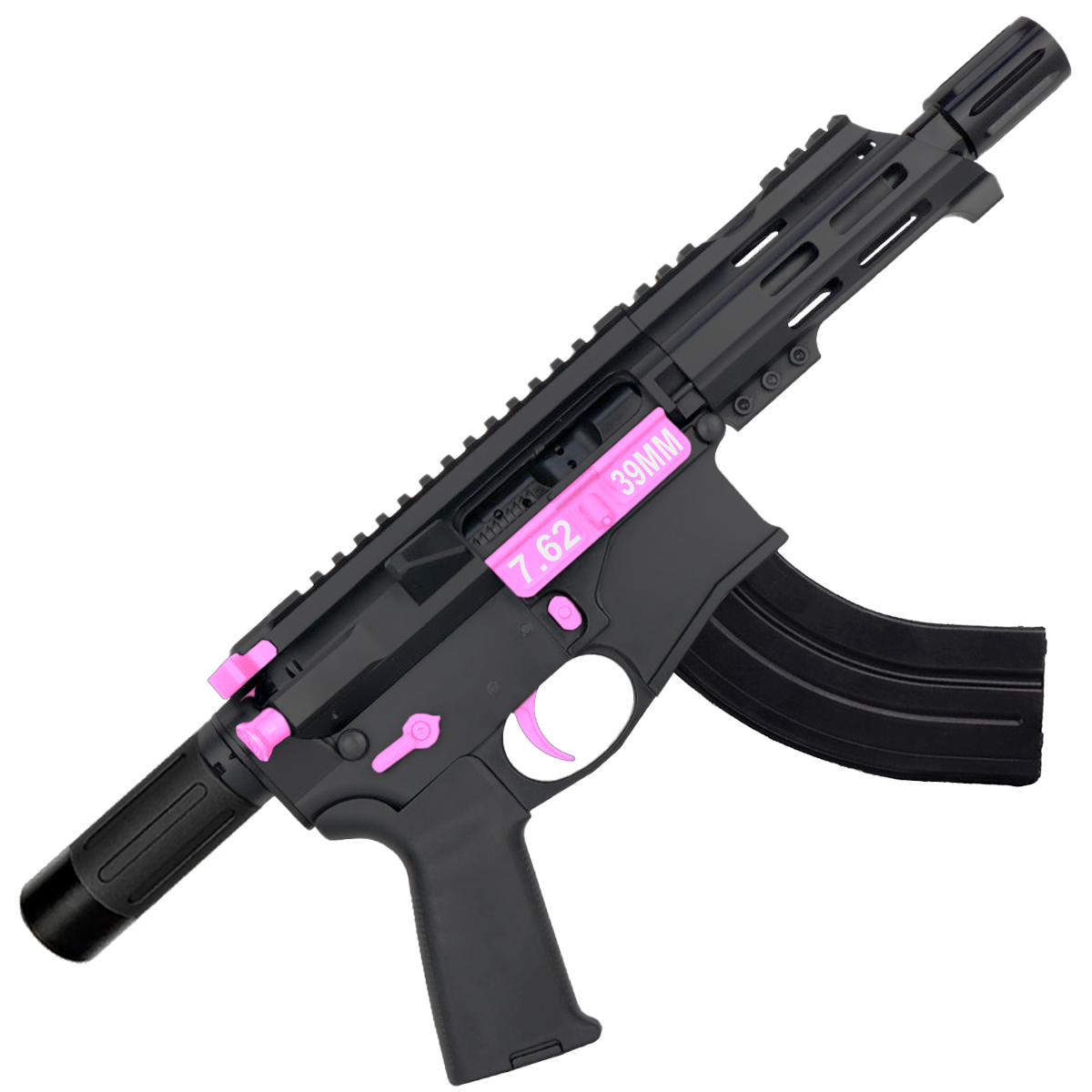 AR15 Two-Tone Micro 7.62x39 Pistol Billet Upper/ Lower 5" Barrel Custom M-Lok Handguard with Micro Buffer Tube - Black and Sig Pink