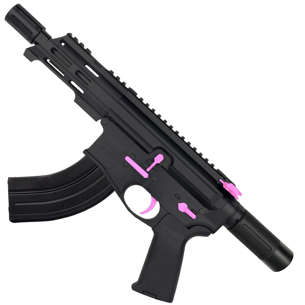 AR15 Two-Tone Micro 7.62x39 Pistol Billet Upper/ Lower 5" Barrel Custom M-Lok Handguard with Micro Buffer Tube - Black and Sig Pink