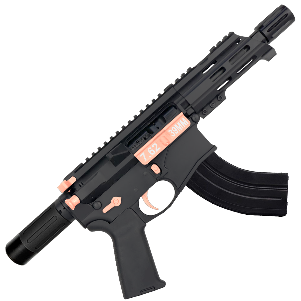 AR15 Two-Tone Micro 7.62x39 Pistol Billet Upper/ Lower 5" Barrel Custom M-Lok Handguard with Micro Buffer Tube - Black and Rose Gold