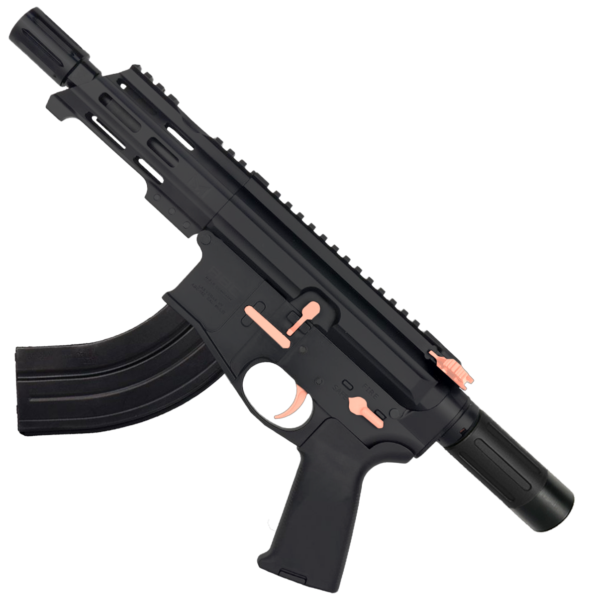 AR15 Two-Tone Micro 7.62x39 Pistol Billet Upper/ Lower 5" Barrel Custom M-Lok Handguard with Micro Buffer Tube - Black and Rose Gold