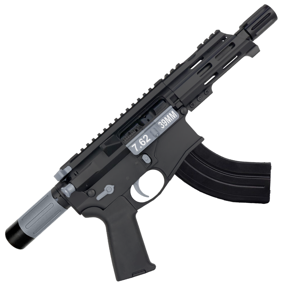 AR15 Two-Tone Micro 7.62x39 Pistol Billet Upper/ Lower 5" Barrel Custom M-Lok Handguard with Micro Buffer Tube - Black and Sniper Gray