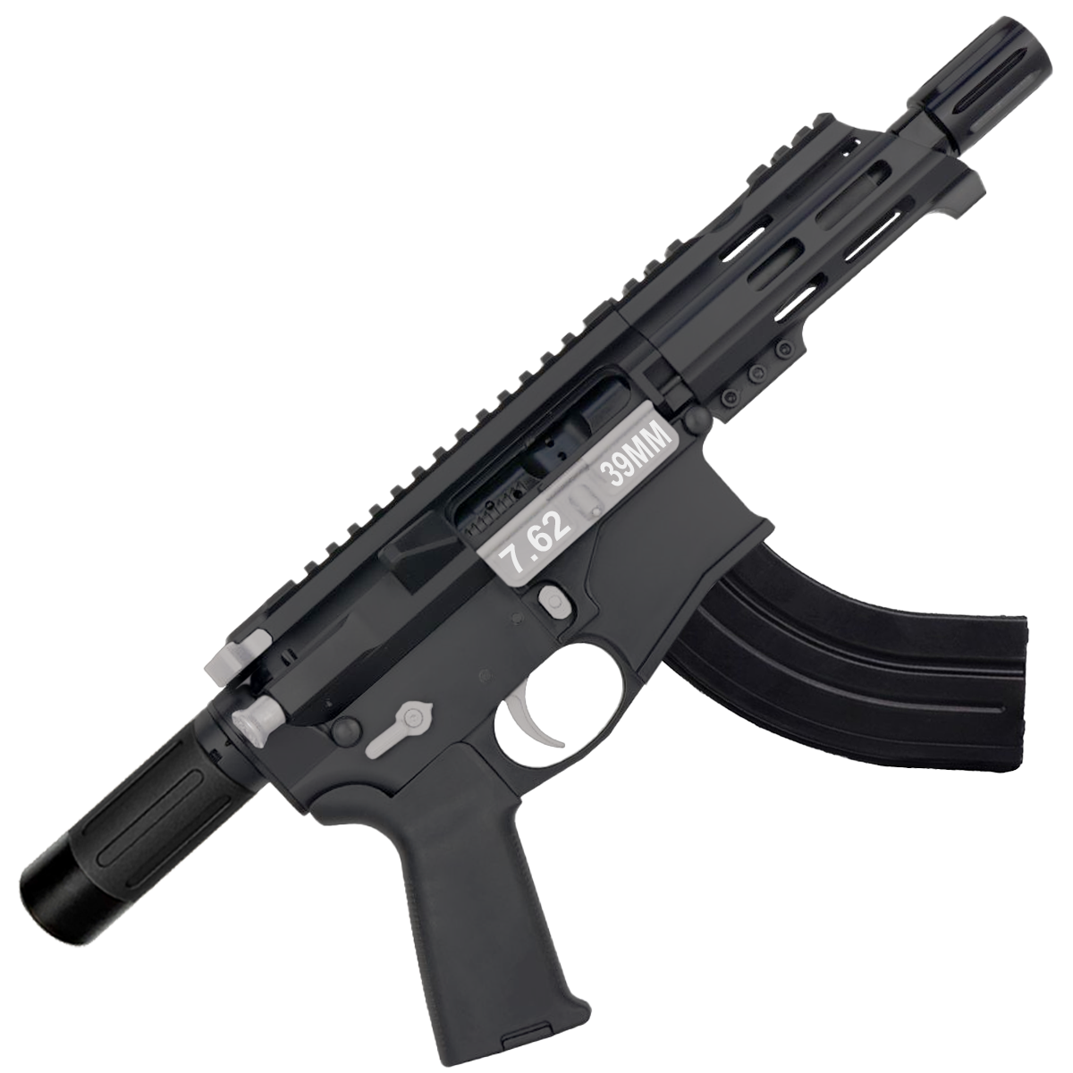 AR15 Two-Tone Micro 7.62x39 Pistol Billet Upper/ Lower 5" Barrel Custom M-Lok Handguard with Micro Buffer Tube - Black and Glacier Silver