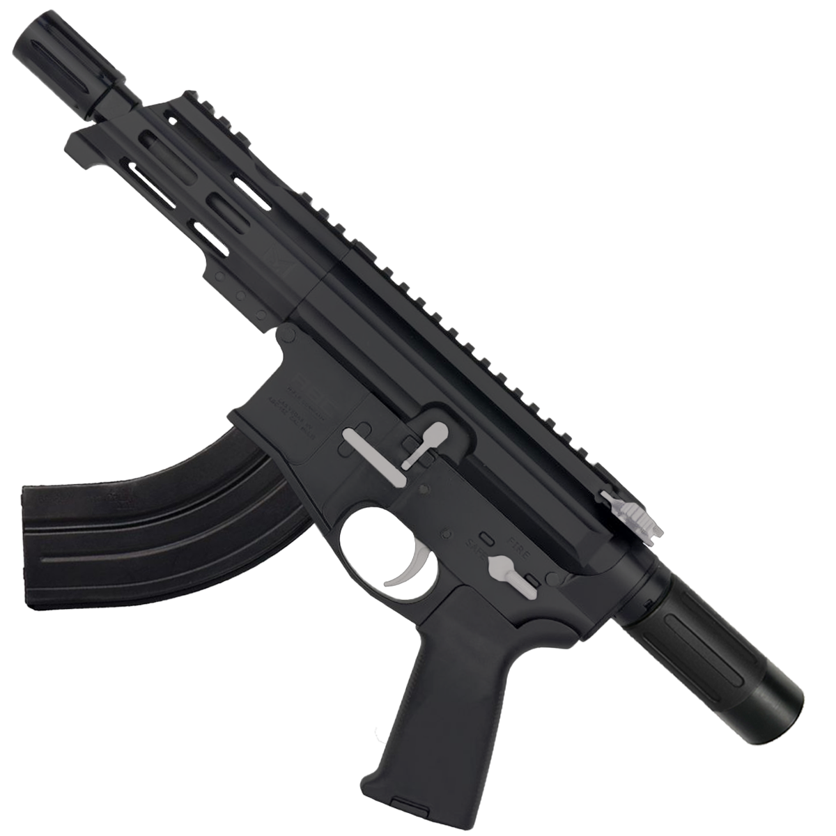 AR15 Two-Tone Micro 7.62x39 Pistol Billet Upper/ Lower 5" Barrel Custom M-Lok Handguard with Micro Buffer Tube - Black and Glacier Silver
