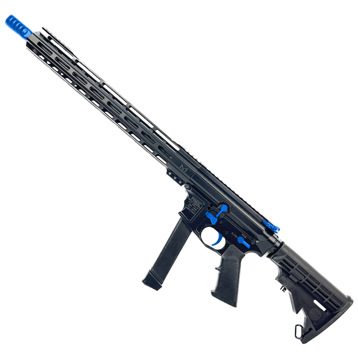 AR 9mm Two-Tone Billet Style Custom Rifle 16" Barrel Billet Upper / Lower 15" M-LOK Handguard - Cerakote Black and Flame Blue