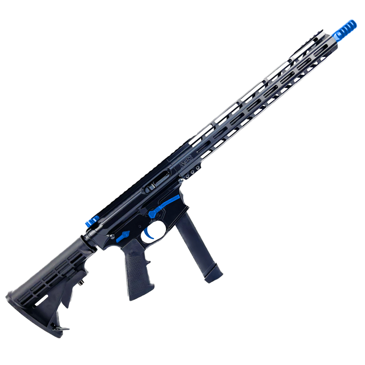 AR 9mm Two-Tone Billet Style Custom Rifle 16" Barrel Billet Upper / Lower 15" M-LOK Handguard - Cerakote Black and Flame Blue