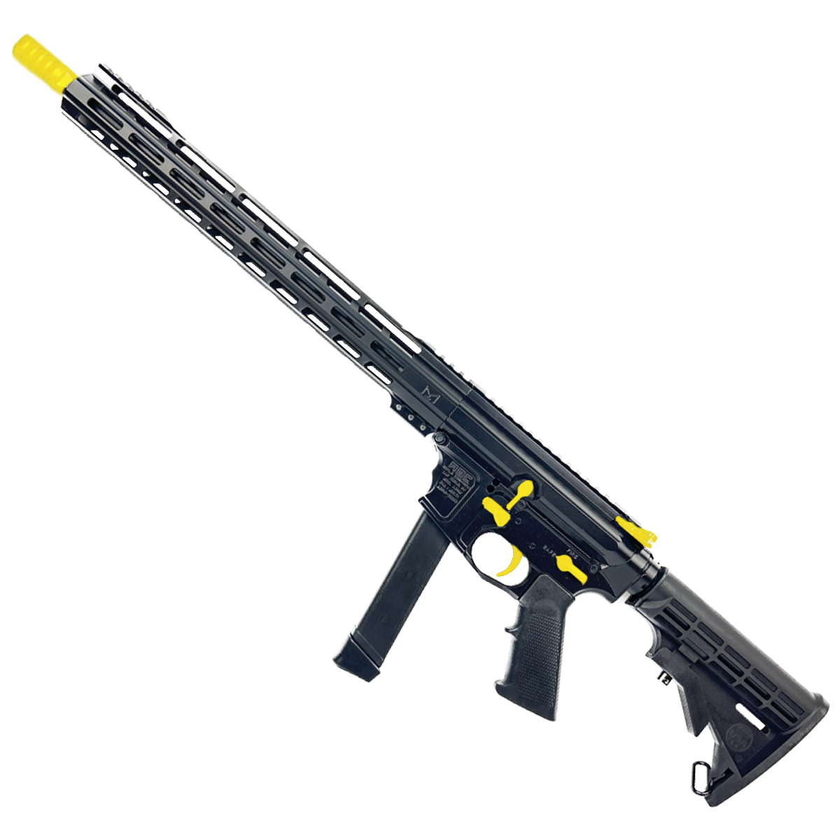 AR 9mm Two-Tone Billet Style Custom Rifle 16" Barrel Billet Upper / Lower 15" M-LOK Handguard - Cerakote Black and Lemon Zest