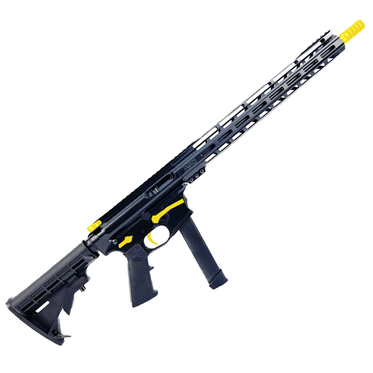 AR 9mm Two-Tone Billet Style Custom Rifle 16" Barrel Billet Upper / Lower 15" M-LOK Handguard - Cerakote Black and Lemon Zest