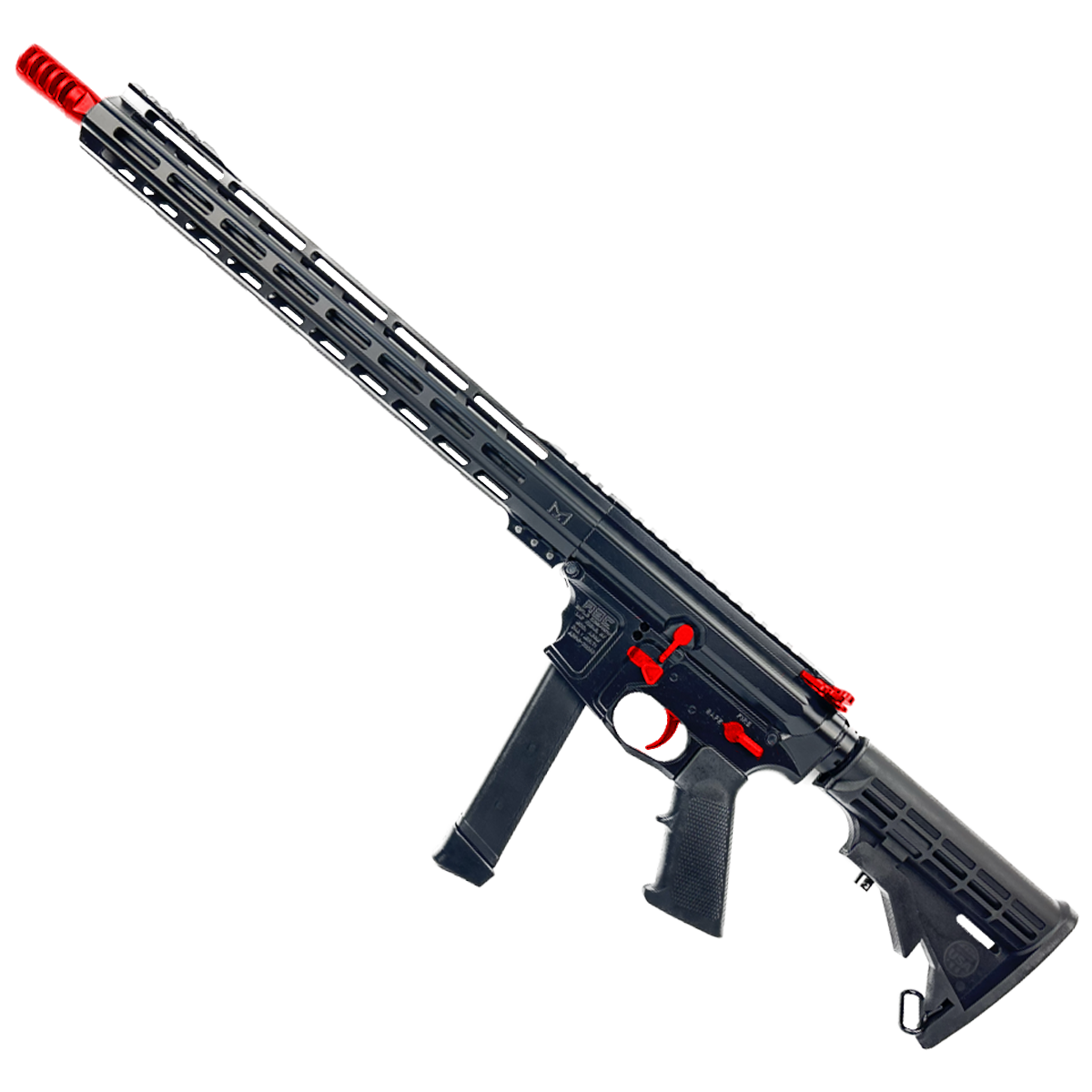 AR 9mm Two-Tone Billet Style Custom Rifle 16" Barrel Billet Upper / Lower 15" M-LOK Handguard - Cerakote Black and Red