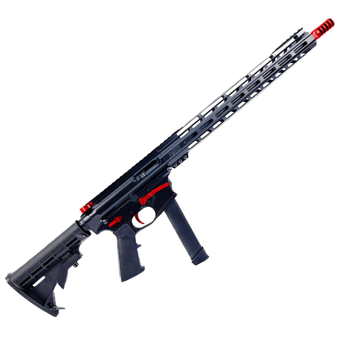 AR 9mm Two-Tone Billet Style Custom Rifle 16" Barrel Billet Upper / Lower 15" M-LOK Handguard - Cerakote Black and Red