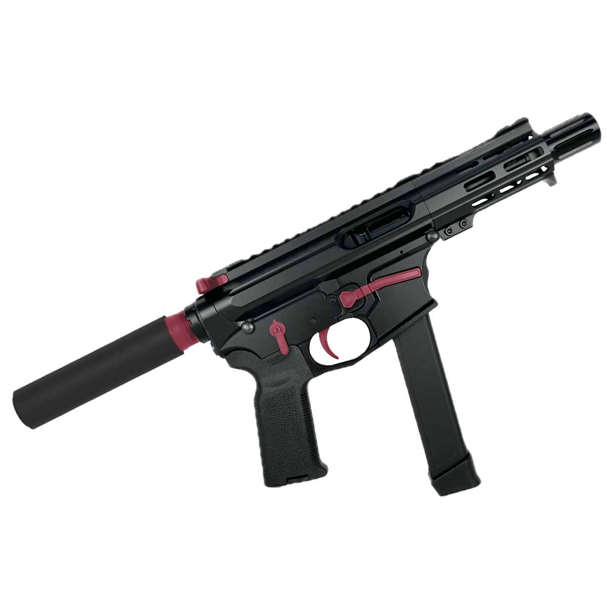 American Built Custom Slick Side Two-Tone AR-9 Pistol 4" Barrel MLOK Handguard - Black and Cranberry Frost