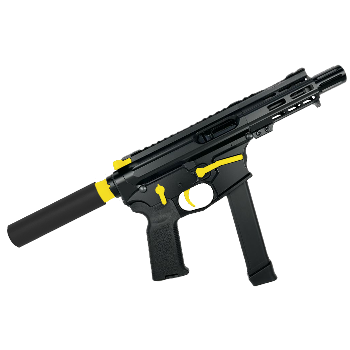 American Built Custom Slick Side Two-Tone AR-9 Pistol 4" Barrel MLOK Handguard - Black and Lemon Zest