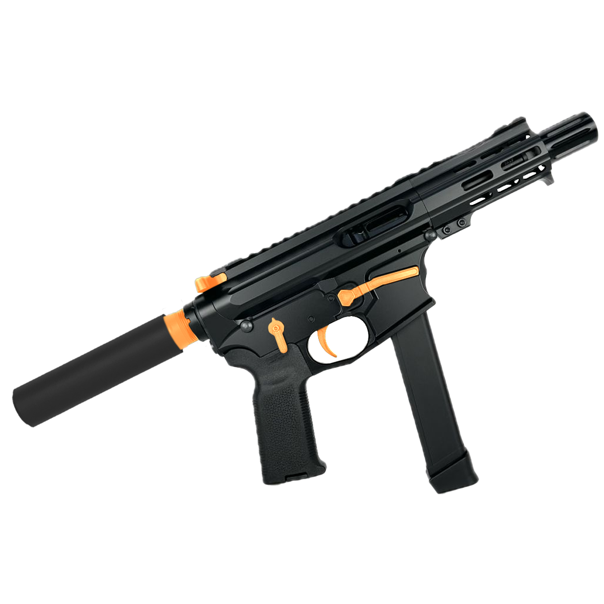 American Built Custom Slick Side Two-Tone AR-9 Pistol 4" Barrel MLOK Handguard - Black and Tequila Sunrise Orange