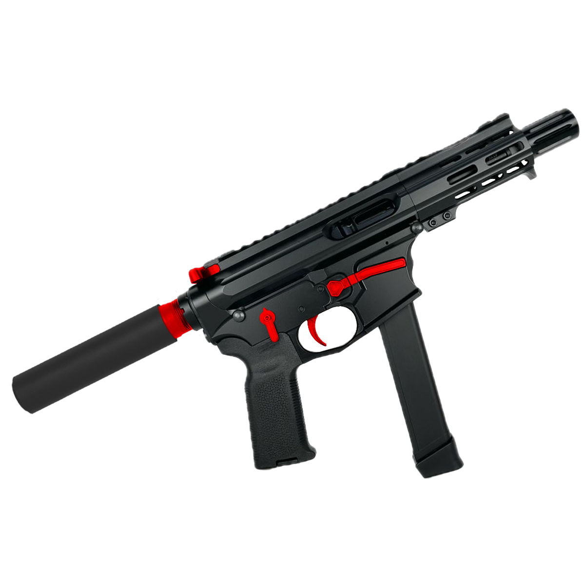 American Built Custom Slick Side Two-Tone AR-9 Pistol 4" Barrel MLOK Handguard - Black and Red