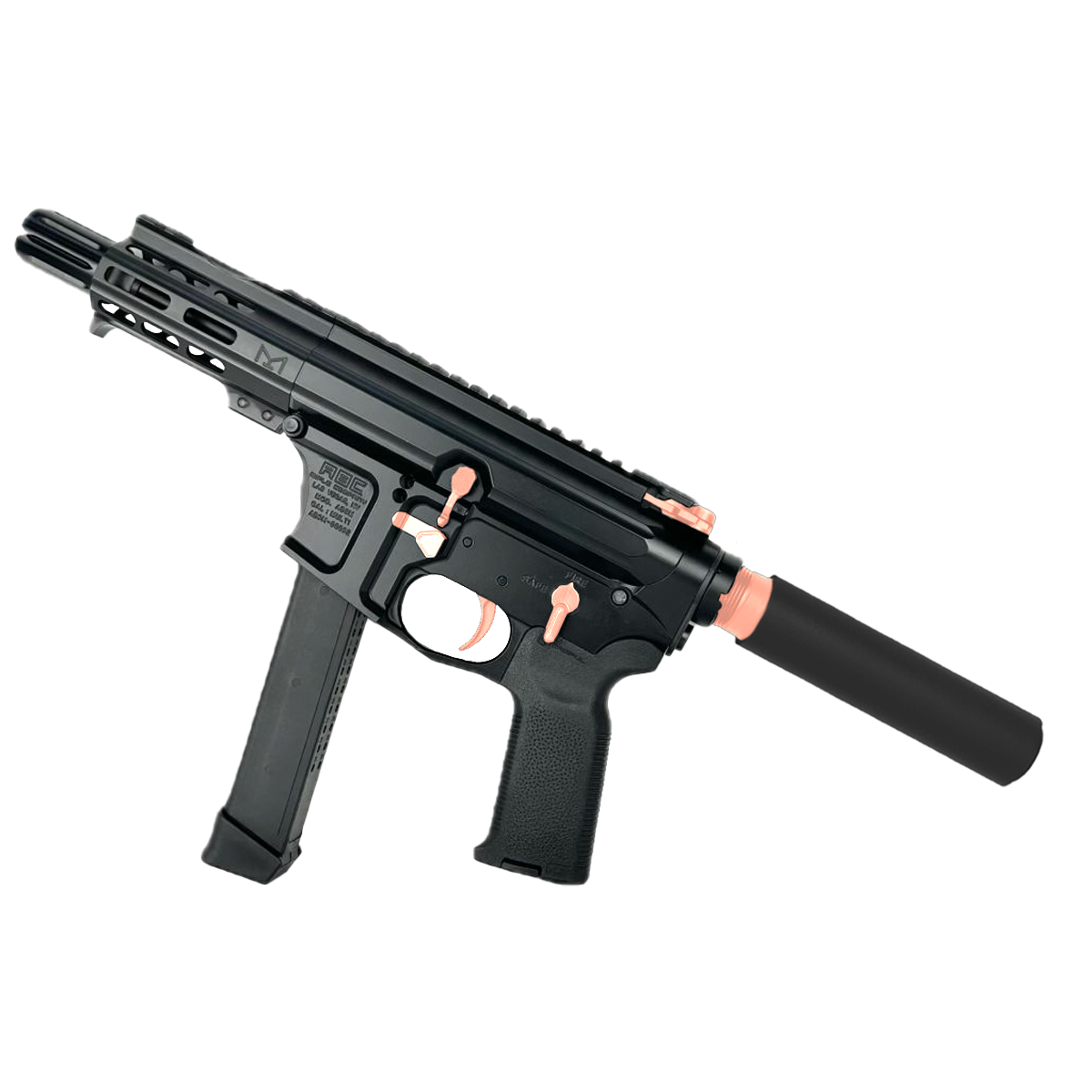 American Built Custom Slick Side Two-Tone AR-9 Pistol 4" Barrel MLOK Handguard - Black and Rose Gold